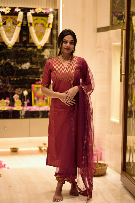 Red silk suit