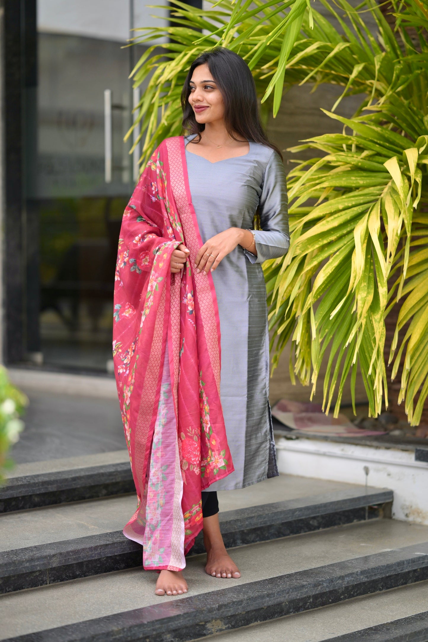 Grey top with red dupatta