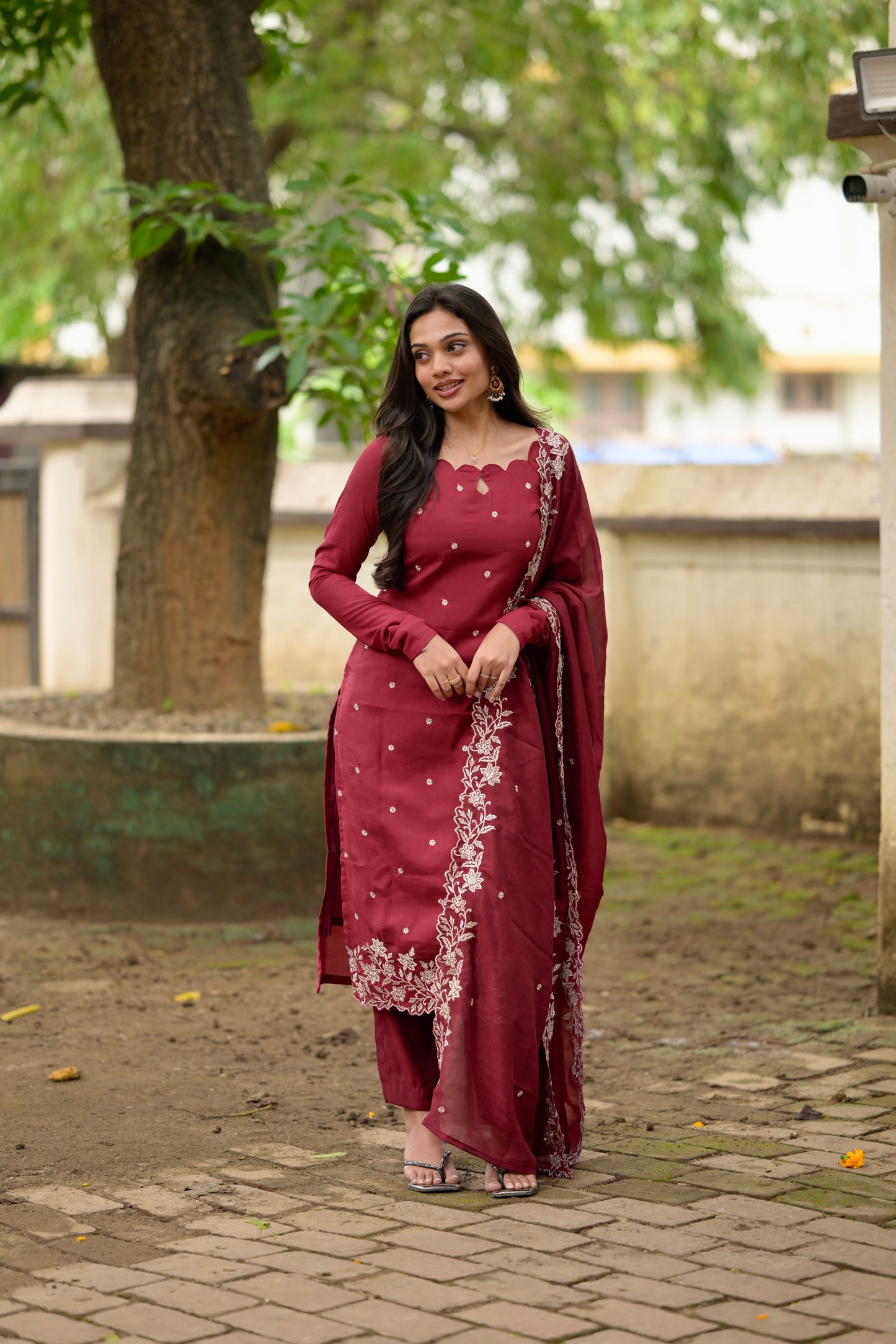 Red Embroidered Vichitra Salwar