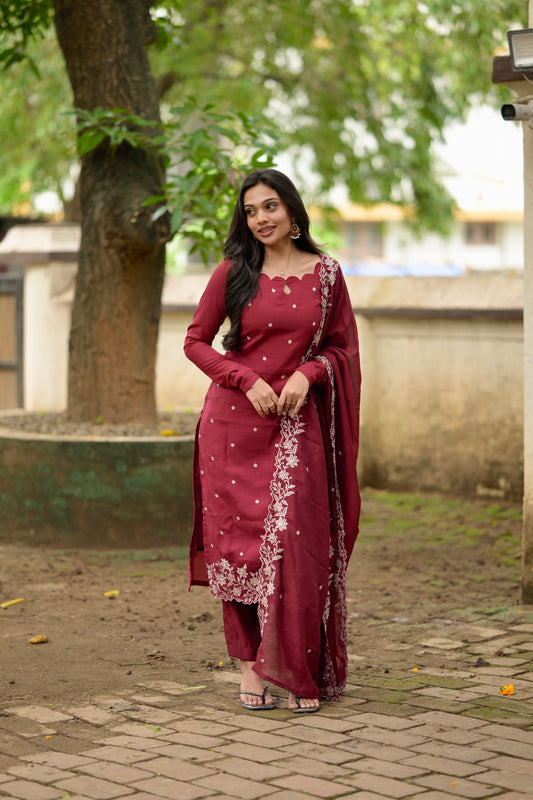 Red Embroidered Vichitra Salwar