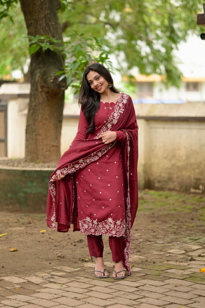 Red Embroidered Vichitra Salwar