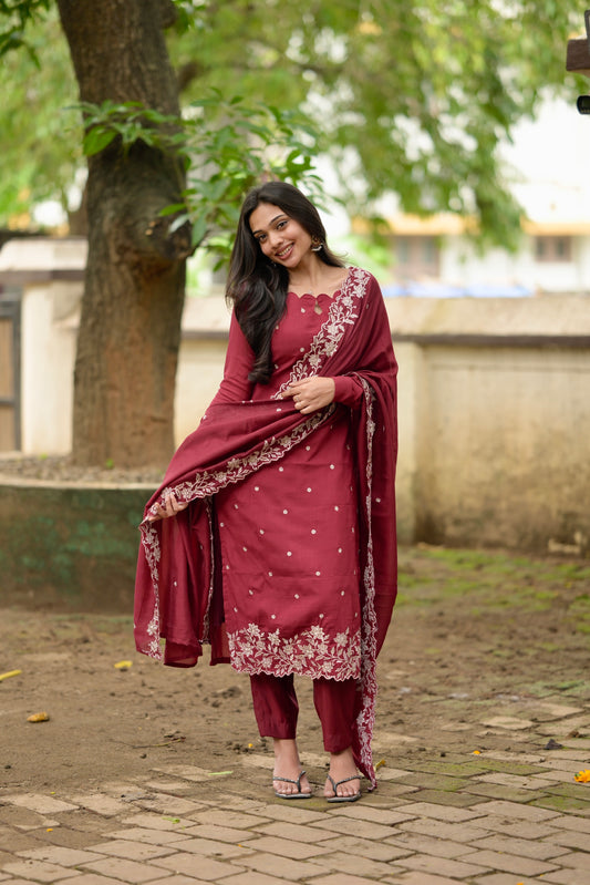 Red Embroidered Vichitra Salwar
