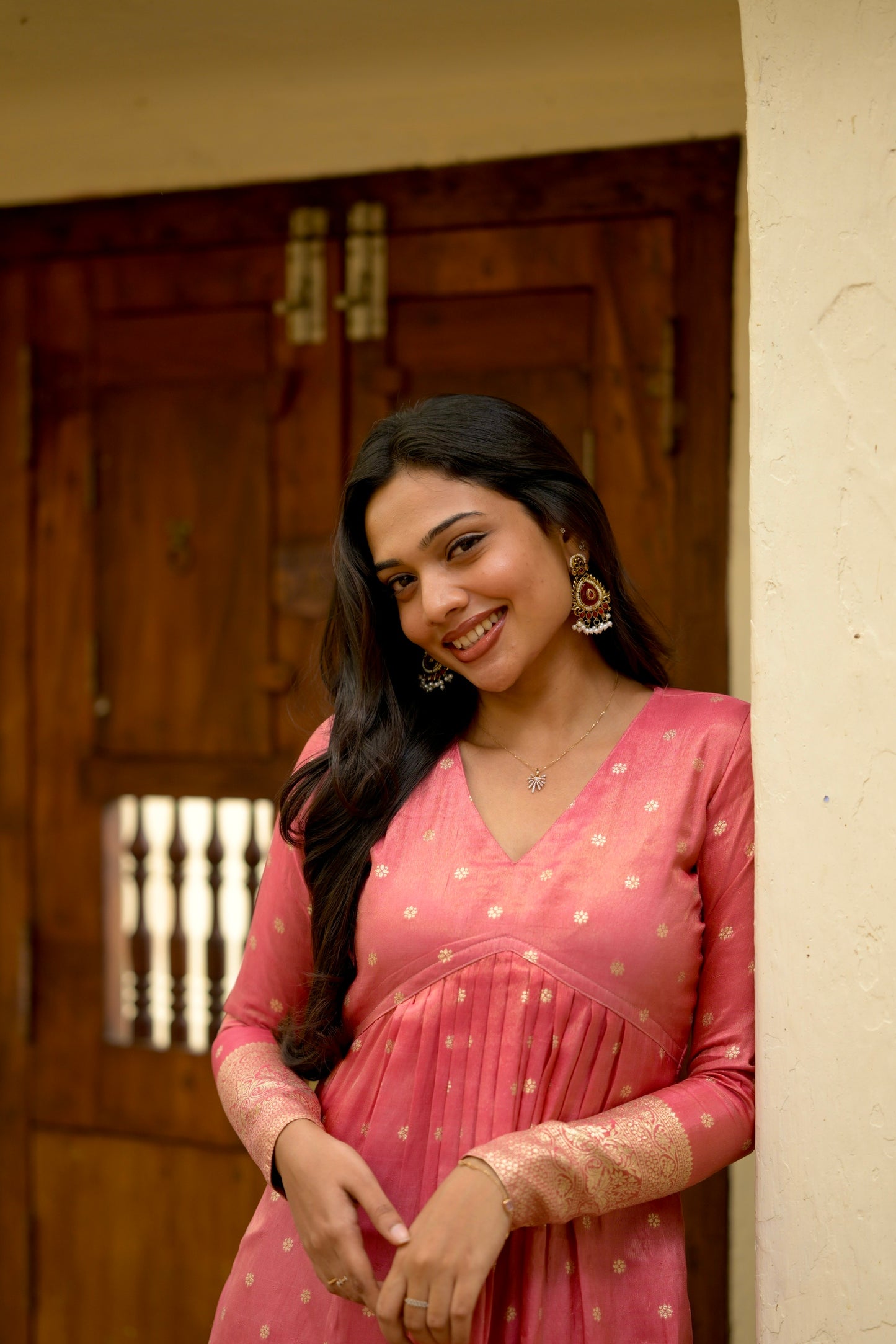 Coral Pink Brocade Silk Suit