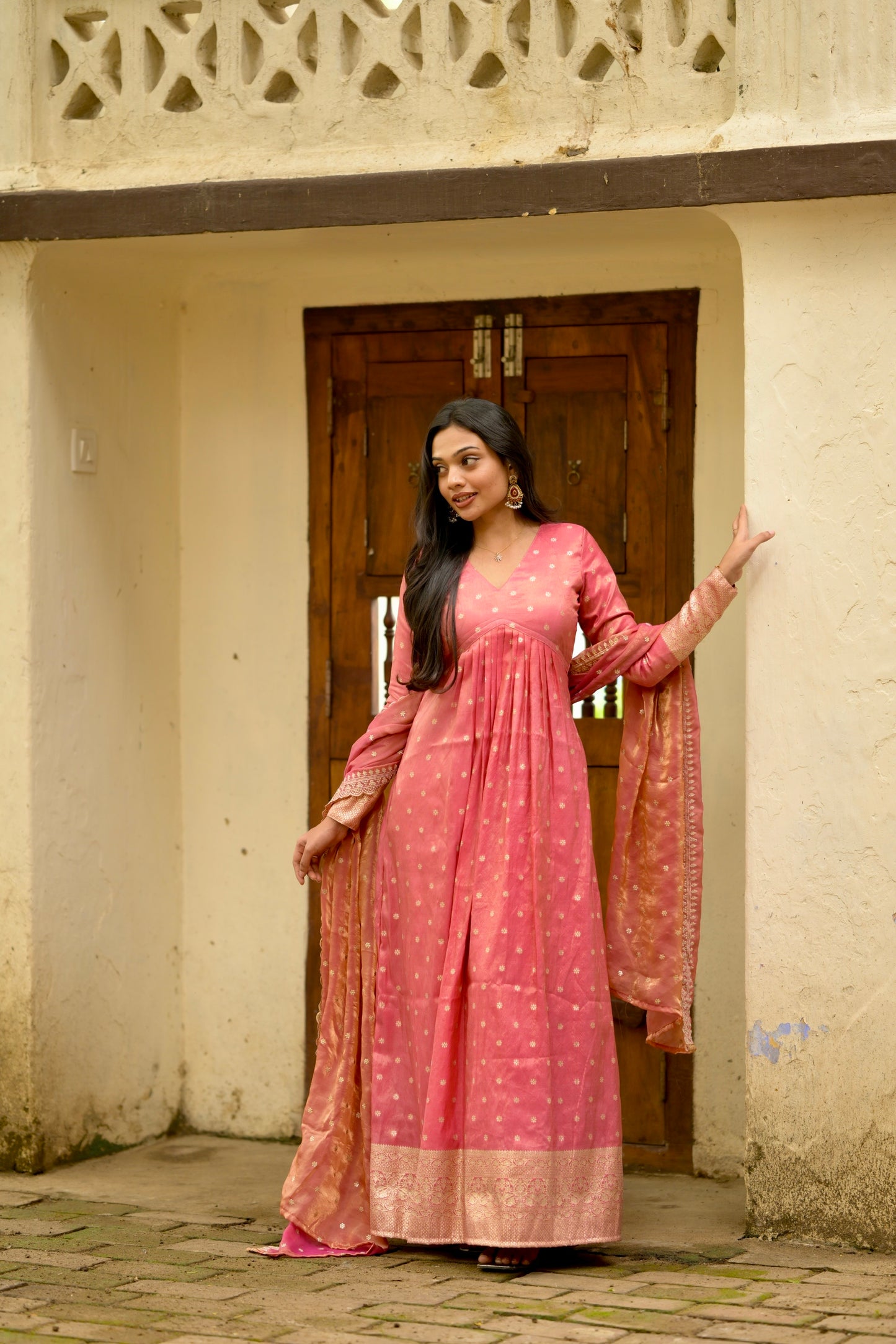 Coral Pink Brocade Silk Suit