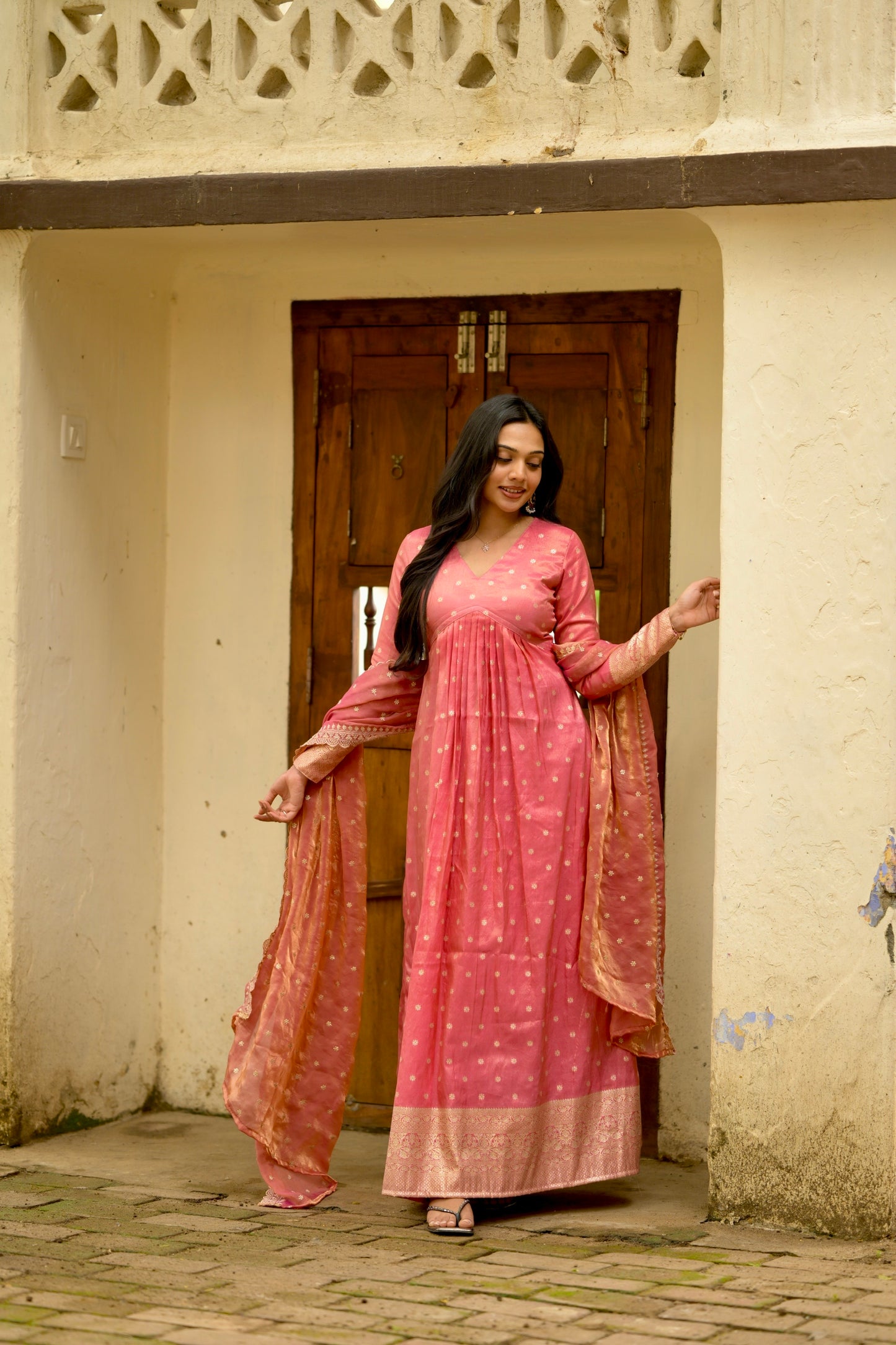 Coral Pink Brocade Silk Suit