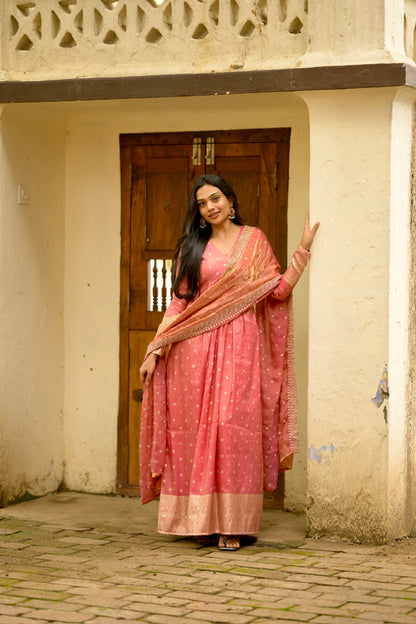 Coral Pink Brocade Silk Suit