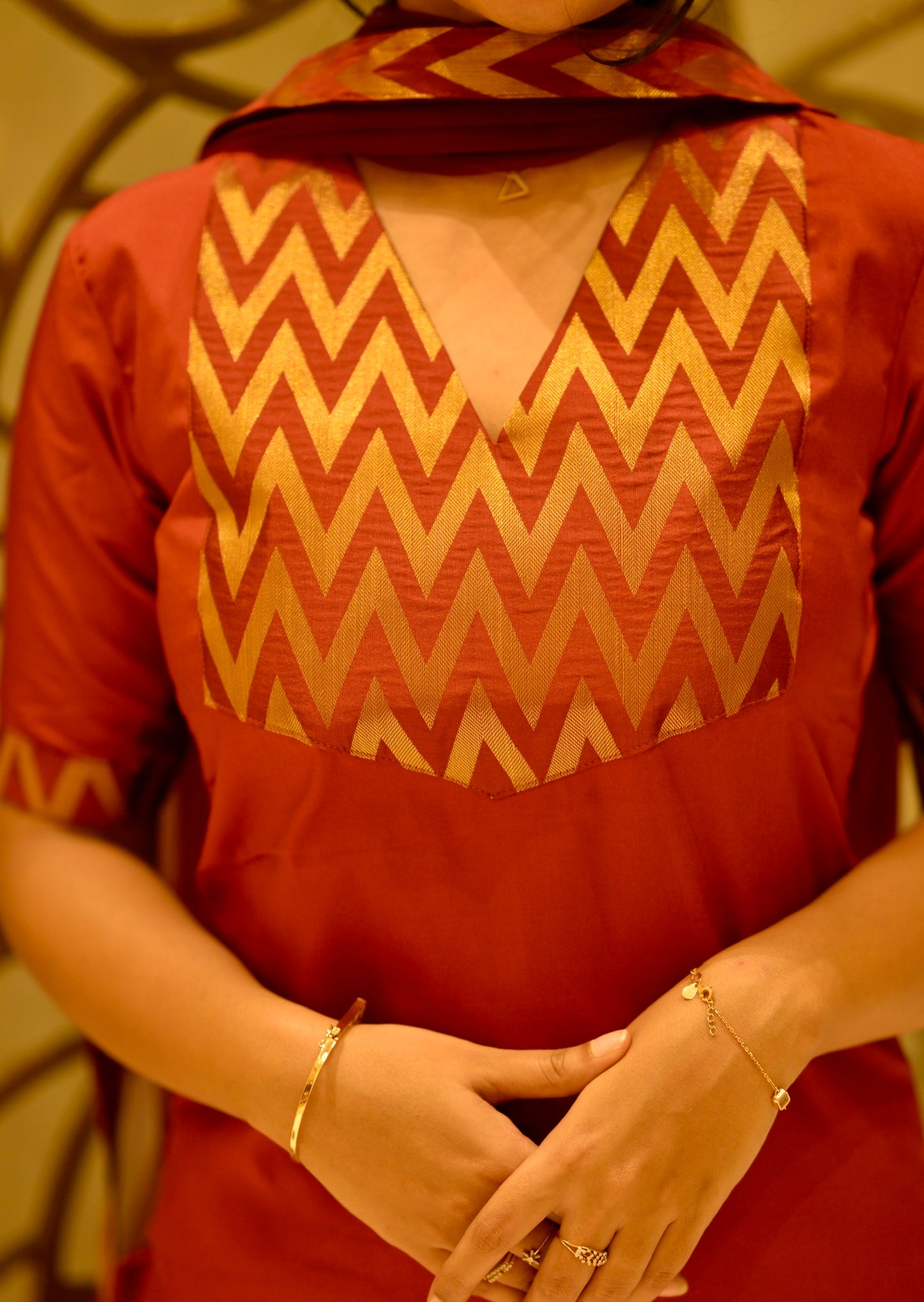 Red silk suit
