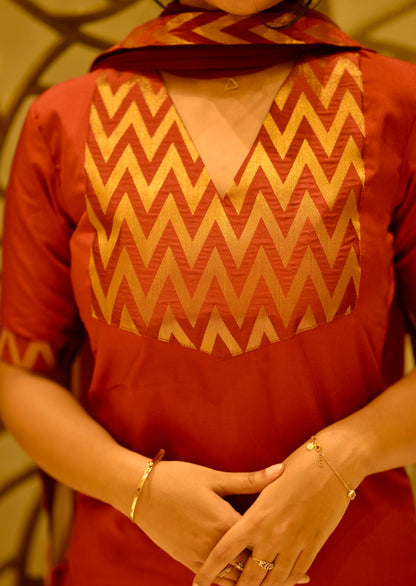 Red silk suit
