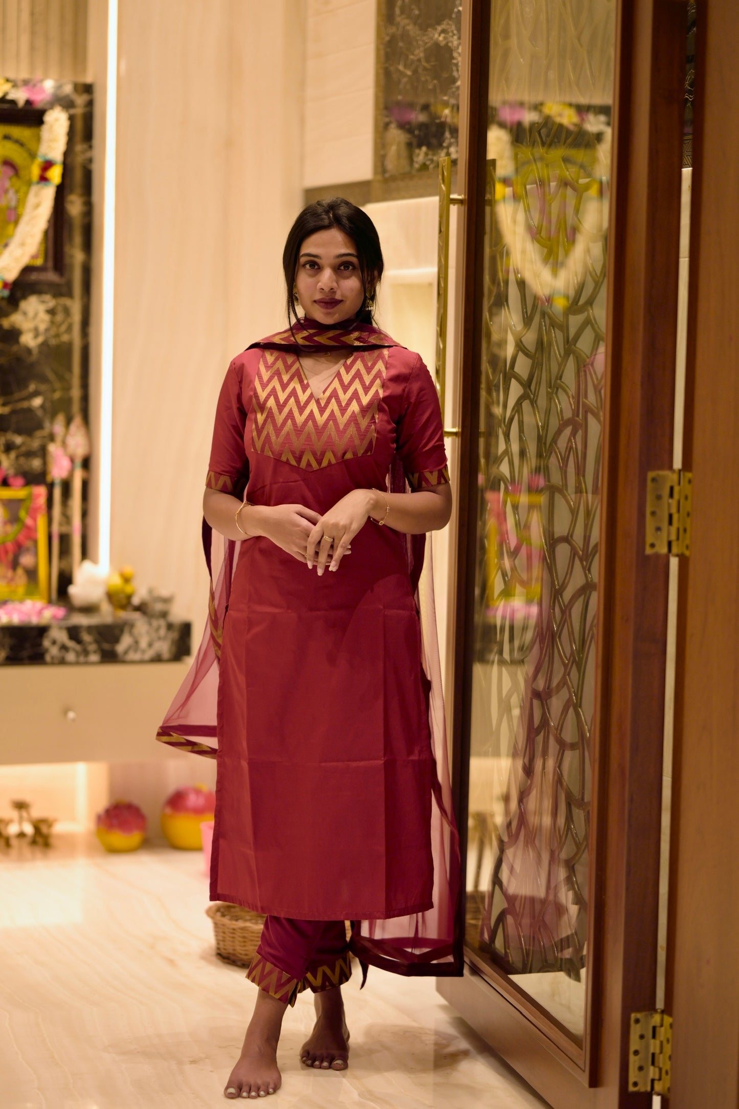 Red silk suit