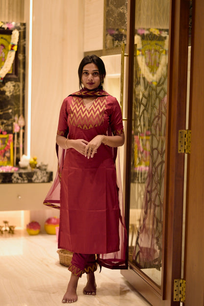 Red silk suit
