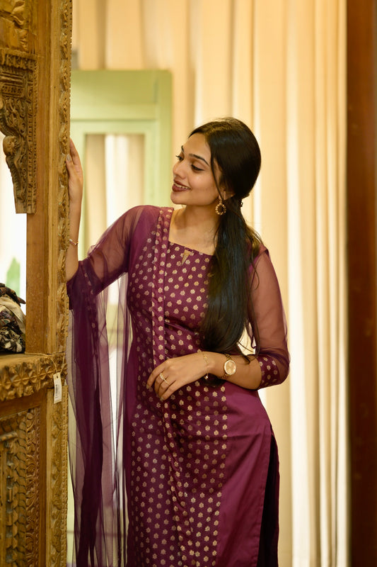 Wine Brocade Suit Set