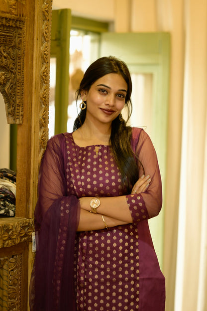 Wine Brocade Suit Set