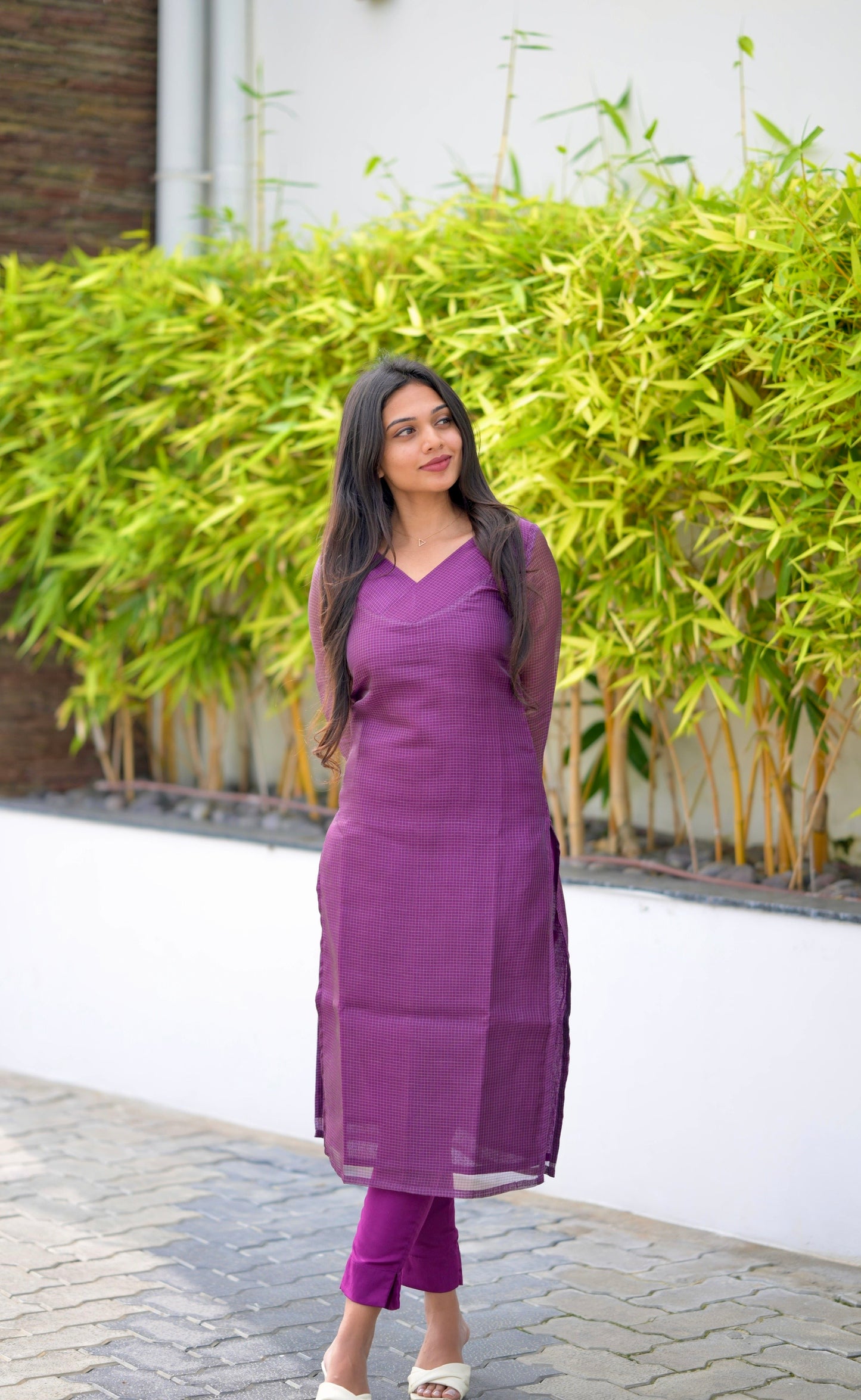 Wine Checked Kurta Set