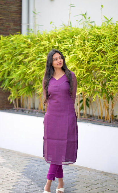 Wine Checked Kurta Set