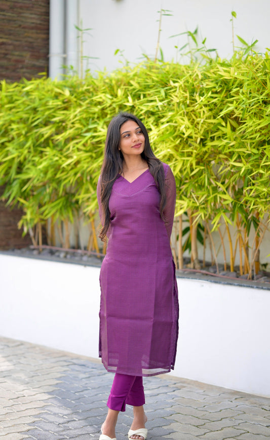 Wine Checked Kurta Set