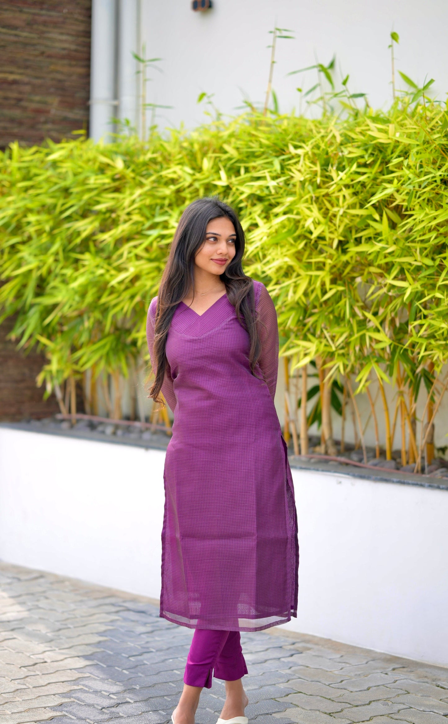 Wine Checked Kurta Set