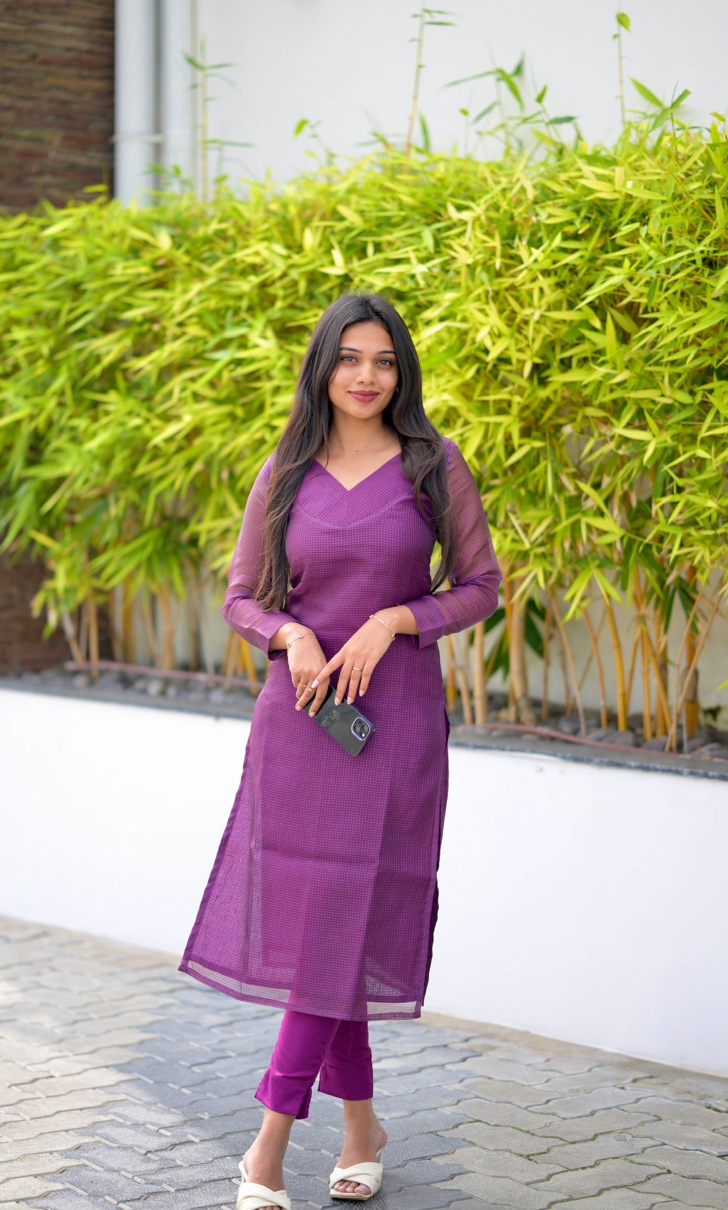 Wine Checked Kurta Set