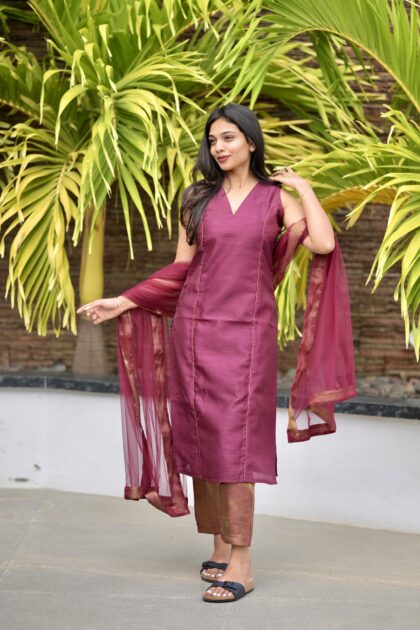 Maroon Raw Silk Suit Set